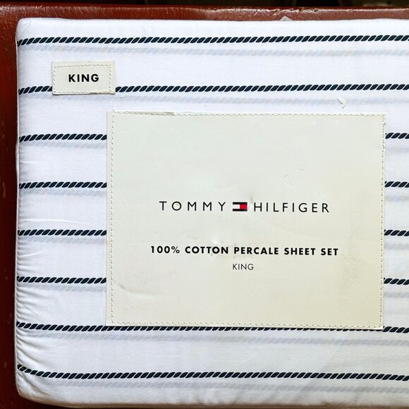 Tommy Hilfiger King Size NAVY BLUE ROPE STRIPE Crisp Cotton Percale Sheet Set - Picture 1 of 5